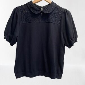 Adrianna Papell Black Lace Peter Pan Collar Knit Top S/M